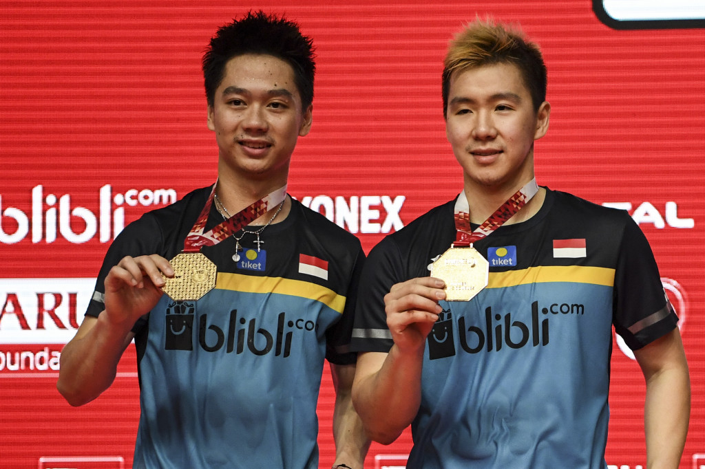 Indonesian duo Marcus/Sanjaya secures men doubles title at badminton Indonesian Masters (photo : ANTARA)