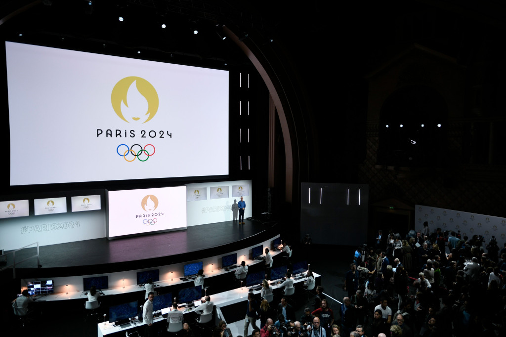 Logo presentation ceremony for Paris 2024 Olympic Games at the Grand Rex cinema in Paris on October 21, 2019. (Photo : STEPHANE DE SAKUTIN / AFP)
