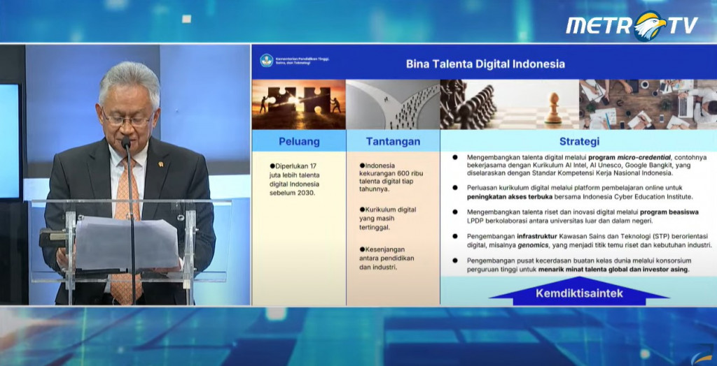 Satryo Soemantri Brodjonegoro, Minister of Higher Education, Science, and Technology at the Indonesia Digital Economy Outlook 2025 event by Metro TV, Friday, December 13, 2024.Photo : Metro TV
