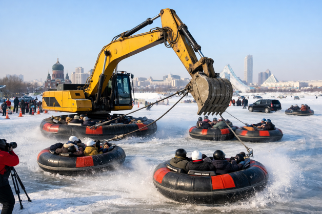 哈尔滨创新冰雪娱乐项目：挖掘机化身冰上“旋转木马”   